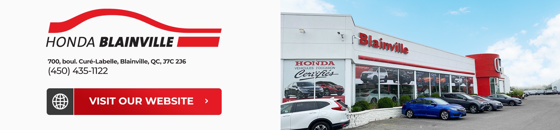picture of the honda blainvile dealership with honda vehicules of groupe leclair