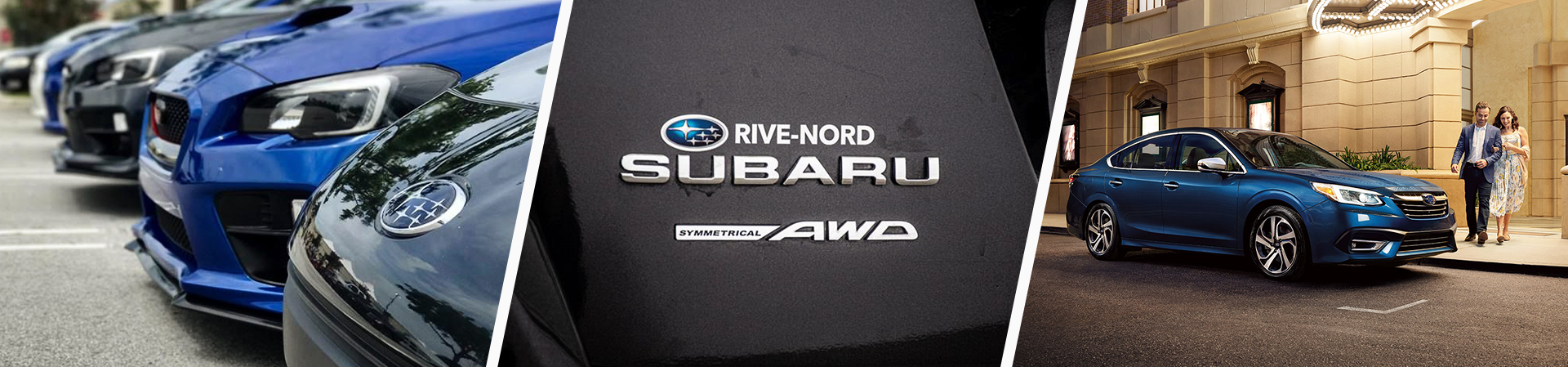 several subaru vehicles and one subaru car in front of a building on the north shore of montreal